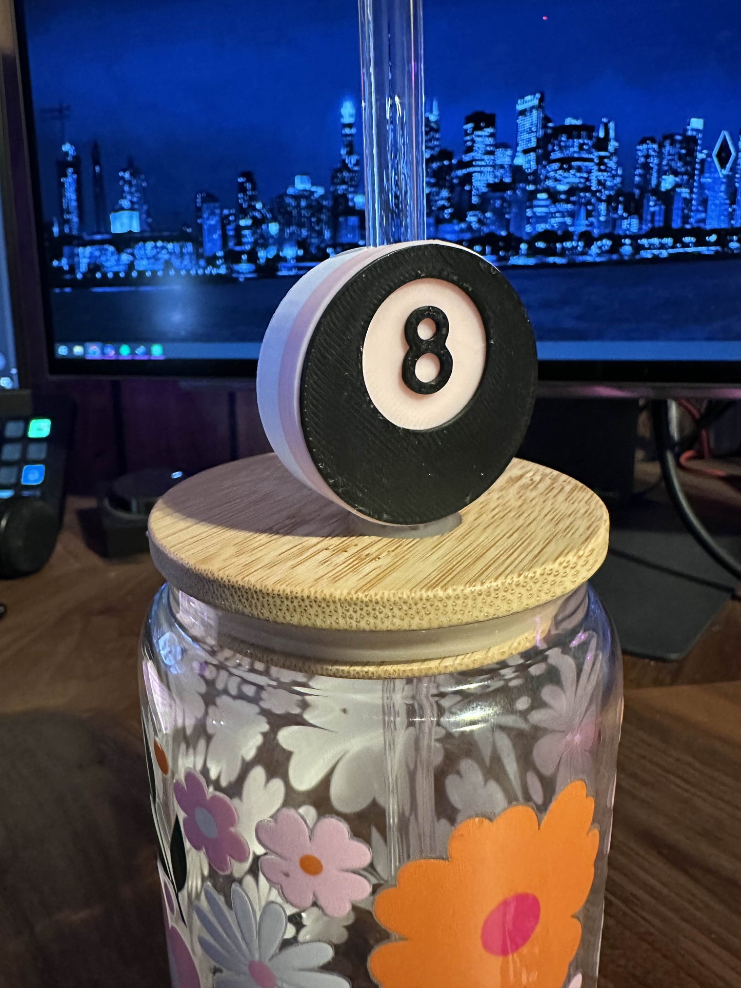 PINK/WHITE 8-BALL STRAW TOPPER 3D PRINTED
