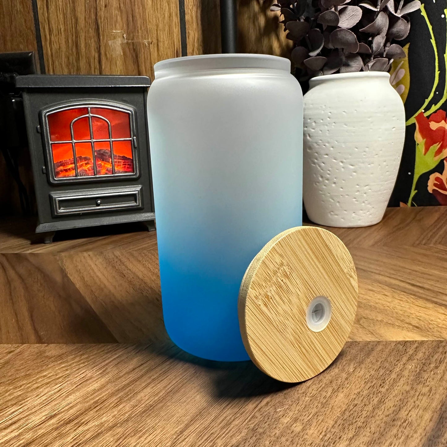 16OZ COLORED FROSTED OMBRE SUBLIMATION GLASS CAN W/ PLASTIC STRAW