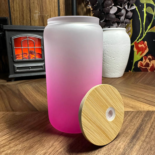 16OZ COLORED FROSTED OMBRE SUBLIMATION GLASS CAN W/ PLASTIC STRAW
