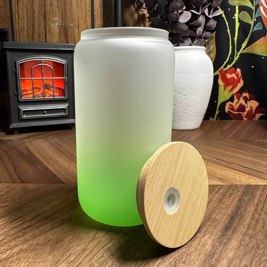 16OZ COLORED FROSTED OMBRE SUBLIMATION GLASS CAN W/ PLASTIC STRAW